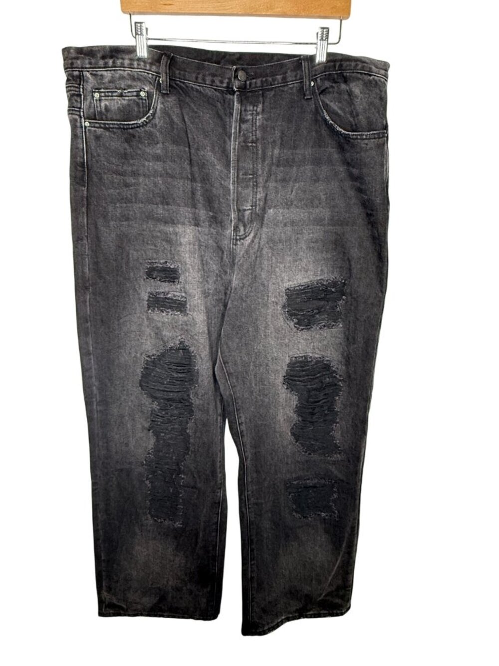 MNML Mens 42 Distressed Black Ripped Jeans Button Fly Streetwear Grunge Edgy
